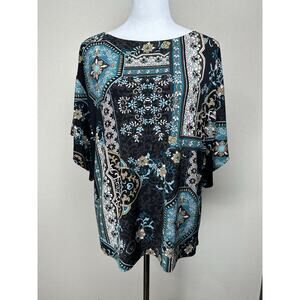 Chico’s Geometric Floral Blouse Sz 2 (L) Short Sleeve Black Teal Boat Neck Fall
